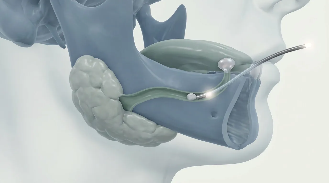 Ilustração da sialoendoscopia: glândula submandibular, ducto salivar e endoscópio chegando ao cálculo